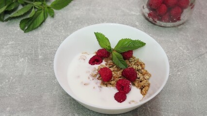 bowl with Greek yogurt homemade granola, mixed nuts, almond, cashew, hazelnut. Healthy vegetarian protein diet breakfast. Selective focus, closeup