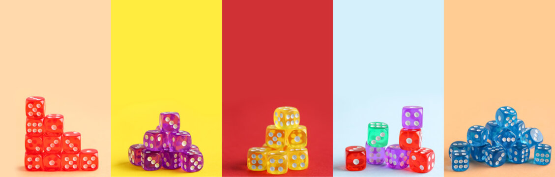 Collage of many dices on color background