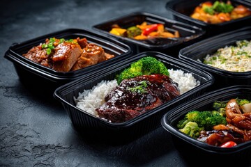 Several black plastic containers of Asian-inspired cuisine, including meat, rice, and vegetables, are arranged on a dark surface
