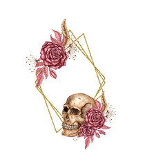 Burgundy roses, buds, rose leaves and human skulls watercolor illustration. Gothic design with golden geometric frame for Halloween. Suitable for vintage templates, border, outline, composition, 