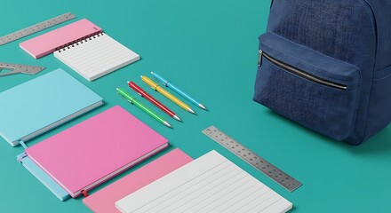 Back to School Essentials: A vibrant collection of school supplies, including notebooks, pens, rulers, and a backpack, are artfully arranged on a bright surface, ready for the new academic year.