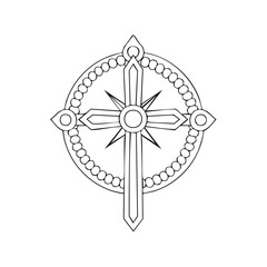 Stylized decorative cross emblem with a beaded circular frame line art illustration