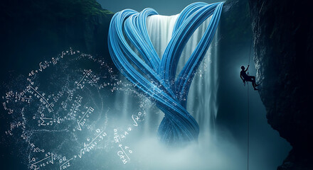 Conceptual Artwork of a Climber and a Waterfall with Mathematical Equations