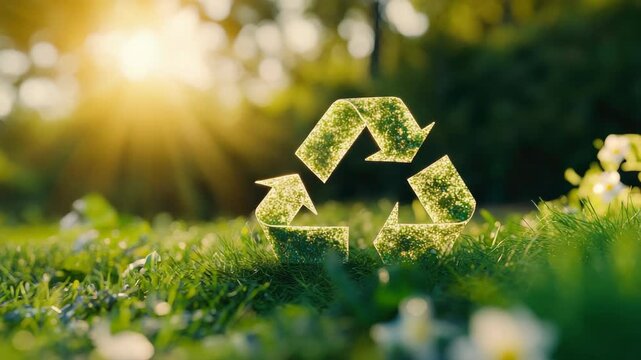 Recycling symbol on green grass in sunlight