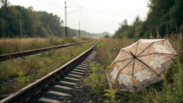 Time-worn umbrella resting next to a railway track, surrounded by overgrown weeds


