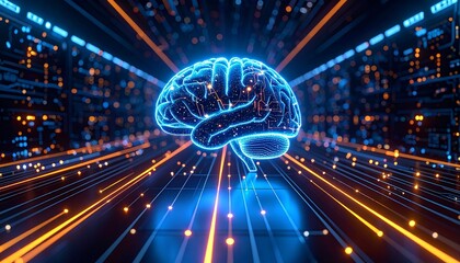 Glowing brain amidst digital neural pathways