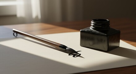 Elegant Stationery Composition: A classic calligraphy pen and ink bottle, resting gracefully on a pristine sheet of paper bathed in soft light, set against a backdrop of natural ambiance.