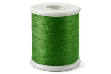 Green sewing thread spool resting on transparent backdrop, highlighting textile crafting potential