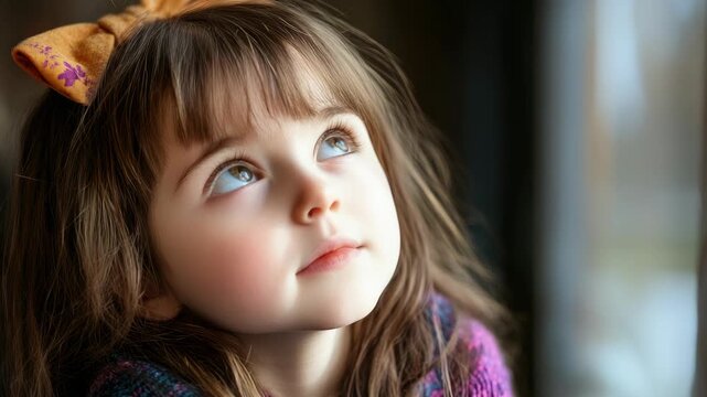 Young Caucasian girl with bangs, wearing bow, looking outside