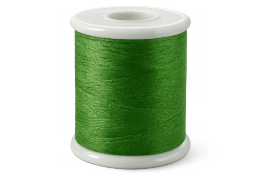 Green sewing thread spool resting on transparent backdrop, highlighting textile crafting potential