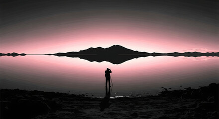 Silhouette of a photographer capturing a mountain and lake reflection at sunset