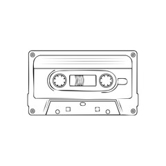 Obraz premium Retro Audio Cassette Tape Outline Icon, Vintage Musical Recording, Line Art Symbol, Portable Sound Player