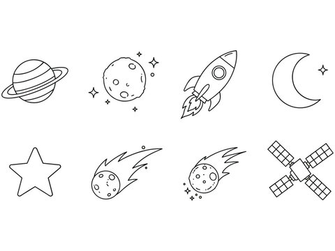 Hand drawn space icons featuring planets rocket moon and stars