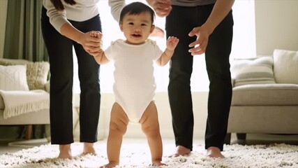 Baby girl taking her first wobbly steps between her parents at home.
