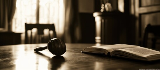 Obraz premium Sepia toned courtroom scene featuring gavel and book on wooden table