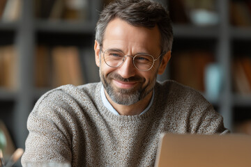 Fototapeta premium Happily Mature Man Smiling, Using Laptop at Home