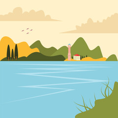 landscape with mountains and trees with sea