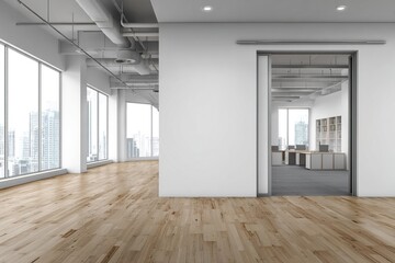 Obraz premium Modern open space office interior with blank white wall mockup. 3D Rendering. High quality
