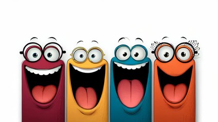 Colorful cartoon characters sharing joy and laughter with big smiles at a playful gathering