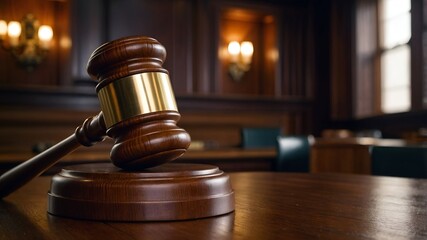 Wooden gavel on table symbolizing justice, law, and legal authority in courtroom.