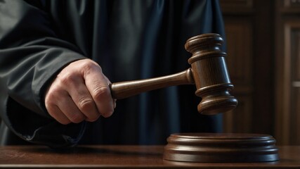 Wooden gavel on table symbolizing justice, law, and legal authority in courtroom.