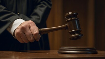 Wooden gavel on table symbolizing justice, law, and legal authority in courtroom.
