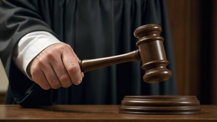 Wooden gavel on table symbolizing justice, law, and legal authority in courtroom.