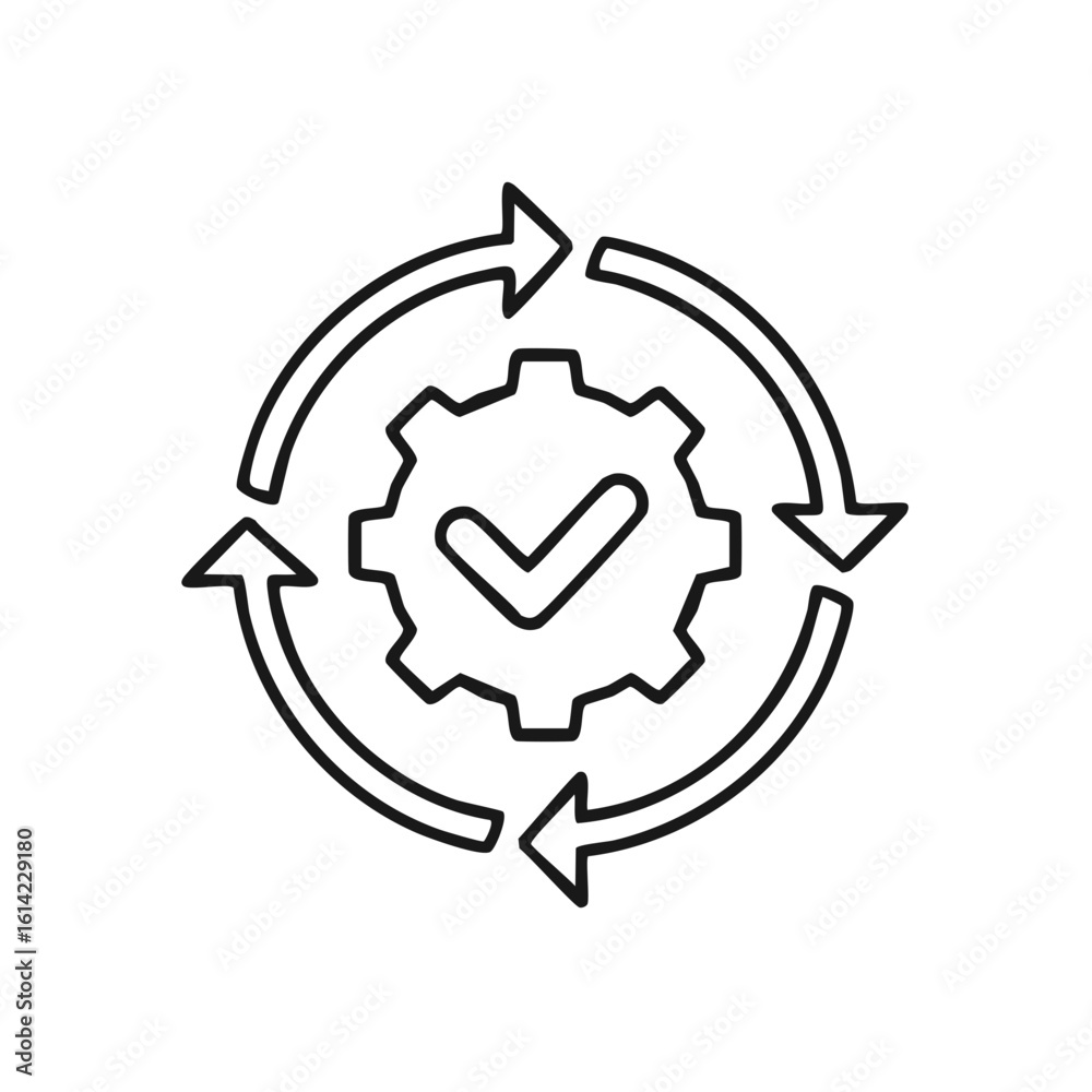 Poster workflow automation and process optimization line icon with gear and checkmark