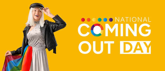 Beautiful young woman with rainbow flag on yellow background. LGBT concept