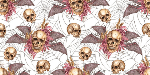 Human skull with bat wings, roses and spider web watercolor illustration. Bones in gothic style. Day of the dead, Halloween, Dia de los muertos. Isolated. Symbolism of life and death. Pattern