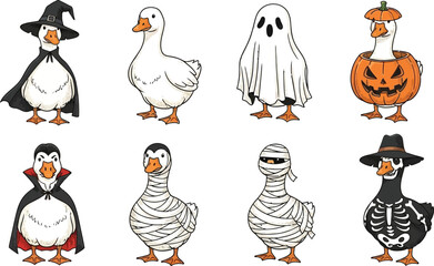 Cute cartoon goose in Halloween costumes. Vector illustration set.