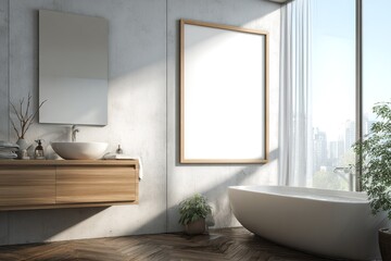 Minimalist bathroom interior with large blank poster frame on wall next to modern bathtub and wooden vanity in bright natural light setting. 3D Rendering. High quality