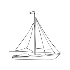 Minimalist black line drawing of a sailboat with sails and a flag