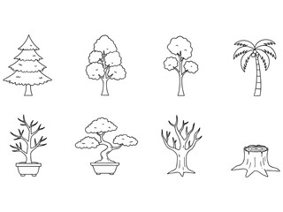 Collection of hand drawn tree illustrations and a tree stump