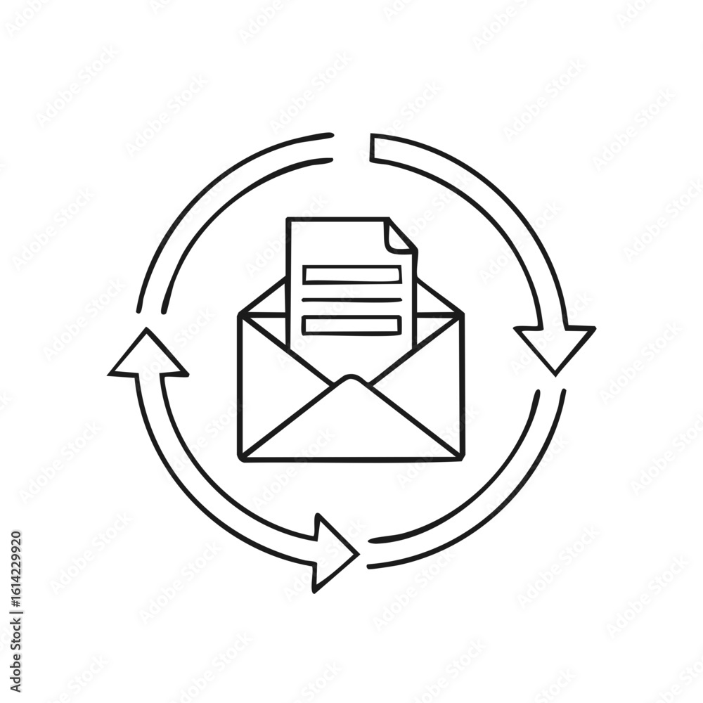 Poster email document exchange process with circular refresh arrows outline icon