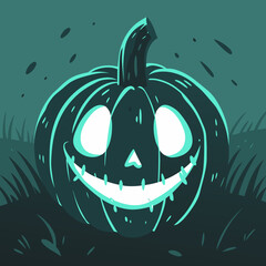 Halloween pumpkin with glowing eyes smiling in dark green grass  
