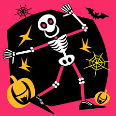 Cartoon skeleton dancing on pink background with Halloween decorations  