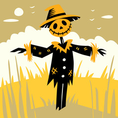 Scarecrow in a field with yellow grass and blue sky background  