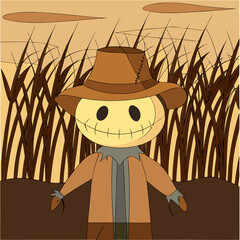 Scarecrow standing in a field with tall grasses under sunset sky  