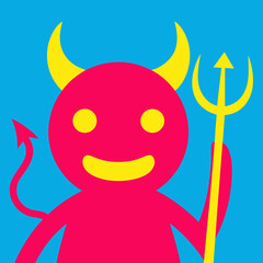 Cartoon devil character holding a trident against a blue background  
