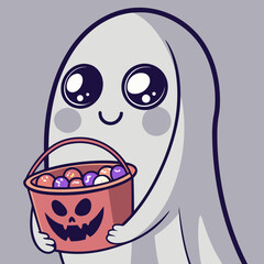 Cute ghost character holding Halloween candy bucket with smile  