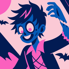 Cartoon boy character celebrating Halloween with bats in background  