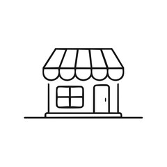 Simple black outline icon of a shop storefront with awning, door, and window