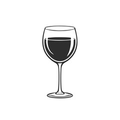 Elegant black and white line art illustration of a glass of red wine, a classic icon for a bar or winery menu