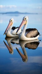 Two pelicans mirrored in tranquil water