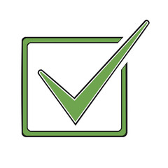 Green checkmark inside a square box indicating completion and approval
