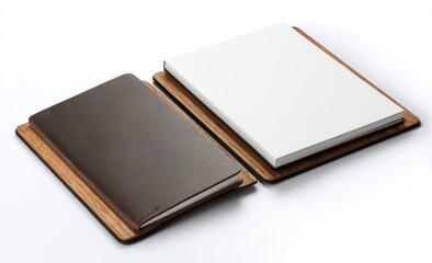 Two notebooks, one brown leather-bound, one white, rest on matching wooden stands, angled slightly apart on a white background