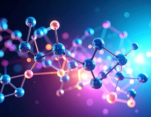 A futuristic, abstract 3D representation of molecular structures in a glowing blue and purple environment.