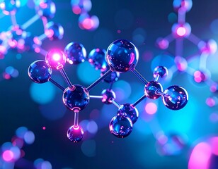 A futuristic, abstract 3D representation of molecular structures in a glowing blue and purple environment.