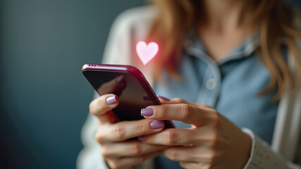 Women using smartphone playing social media press the button emoji, hearts and chat happiness. Social media and digital online concept.
